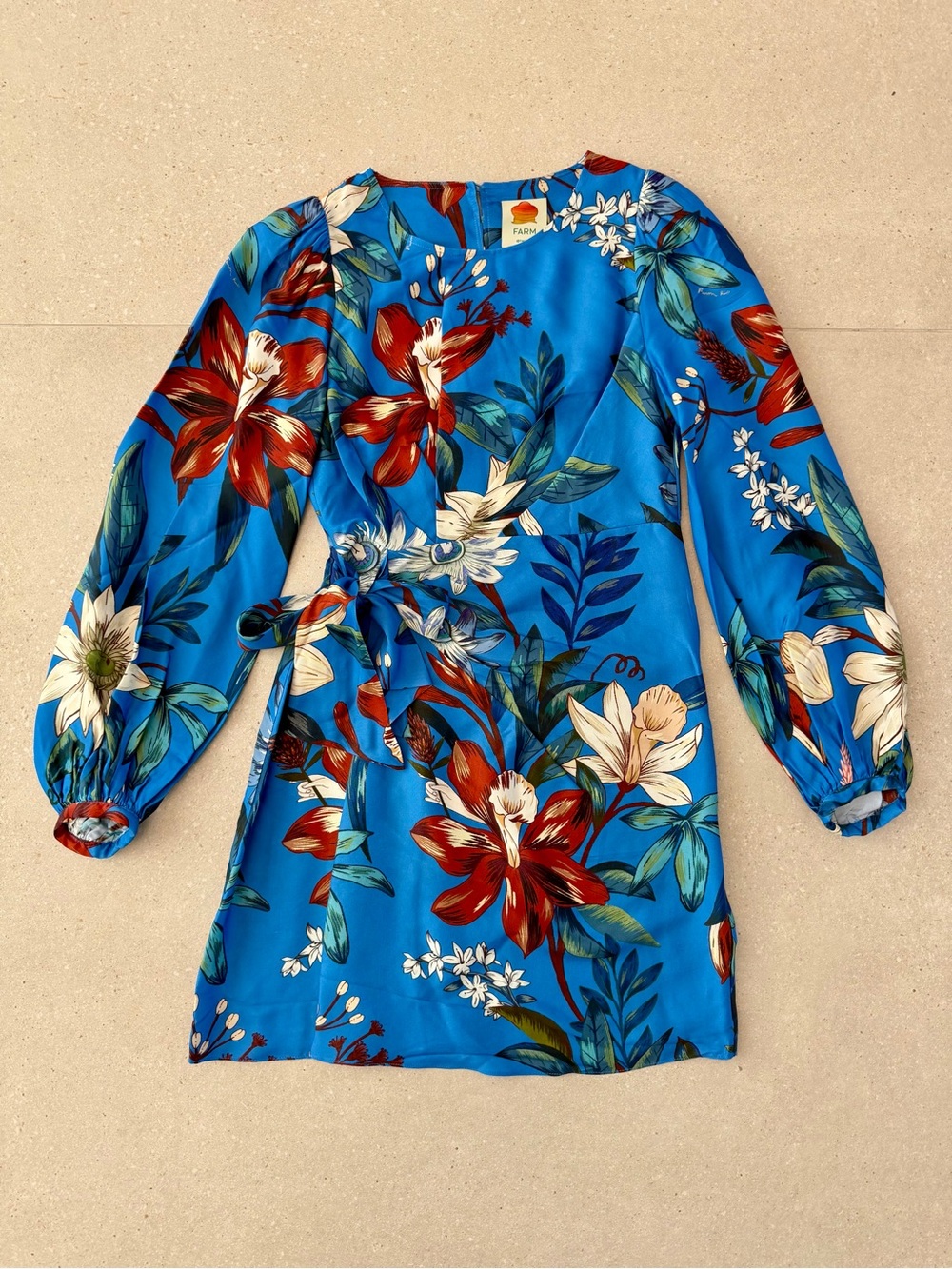 Farm Rio Bright Blue Floral Wrap-Style Mini Dress with Long Puff Sleeves